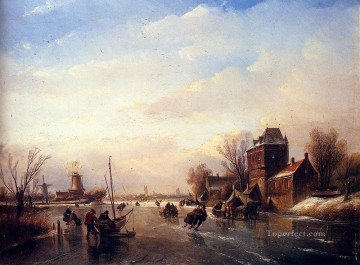 Skaters On A Frozen River boat Jan Jacob Coenraad Spohler Landscapes Oil Paintings